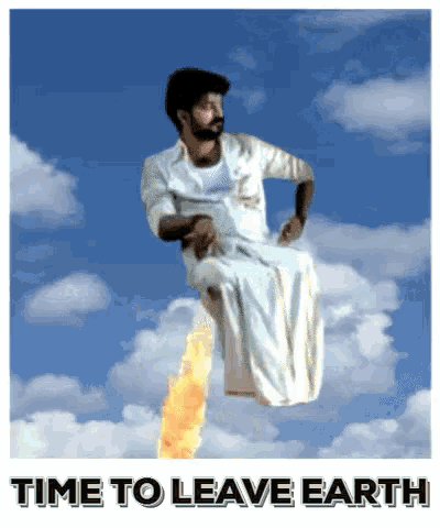 a man is flying through the air with the words time to leave earth written below him