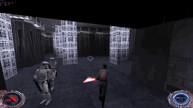 a video game screen shows a man holding a red lightsaber