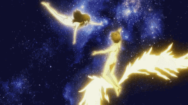 a couple of anime characters are flying in the sky