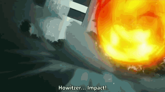 a cartoon explosion with the words howitzer impact on the bottom right