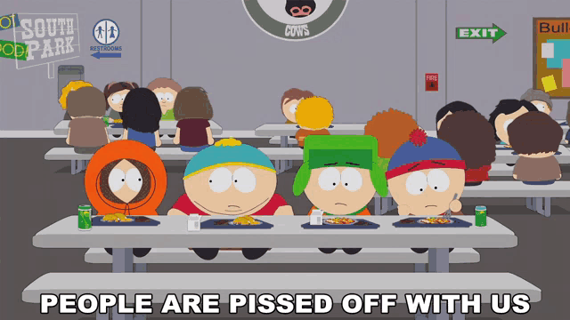 a cartoon of south park characters sitting at tables