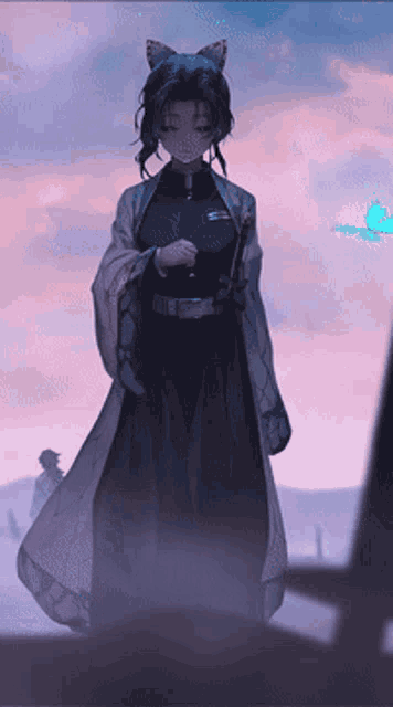 a girl with cat ears is standing in front of a butterfly