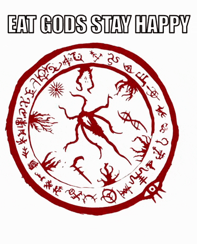 a poster that says eat gods stay happy with a red circle