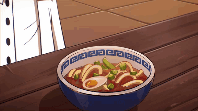 a cartoon drawing of a bowl of ramen on a wooden table