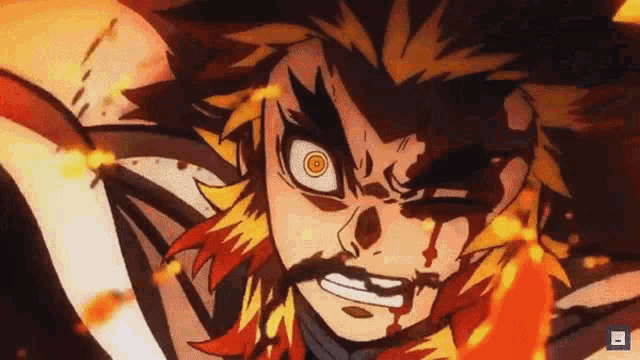a close up of a person 's face with flames coming out of it and blood coming out of his eyes .