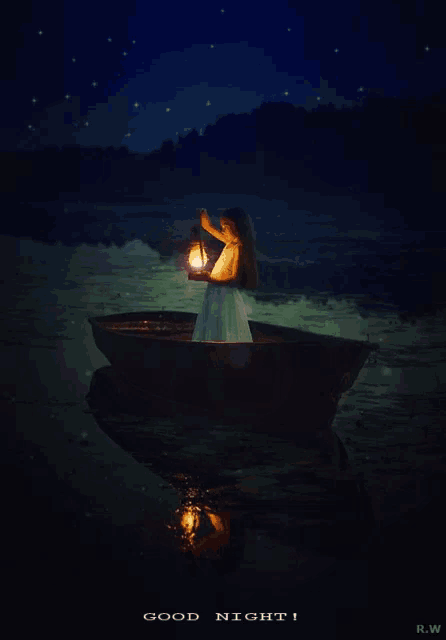 a girl in a boat is holding a lantern and the words good night are below her