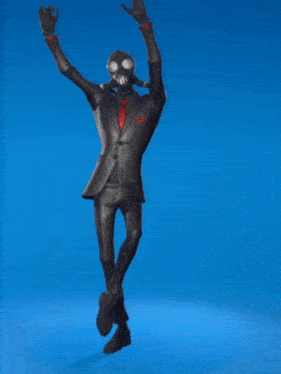 a man in a black suit and gas mask is dancing on a blue background