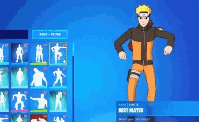 a cartoon character is dancing in a video game with a best mates emote .