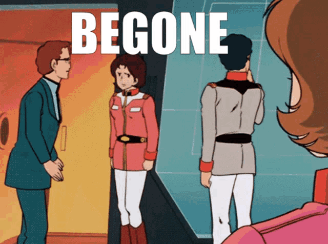 a group of people standing in front of a door that says begone on it