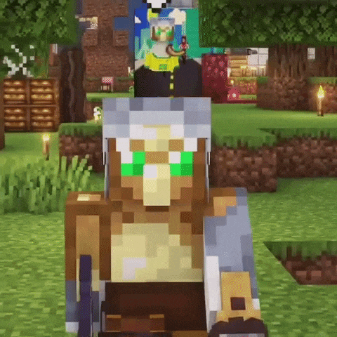 a minecraft character with green eyes is standing in a field with a sword .