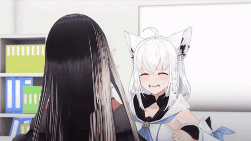 a girl with long black hair and a white cat ear
