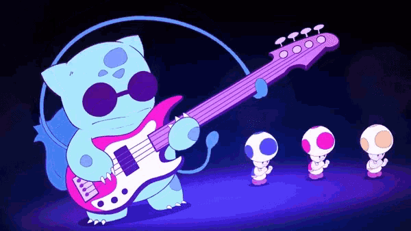 a cartoon of a pokemon playing a guitar in front of three toads