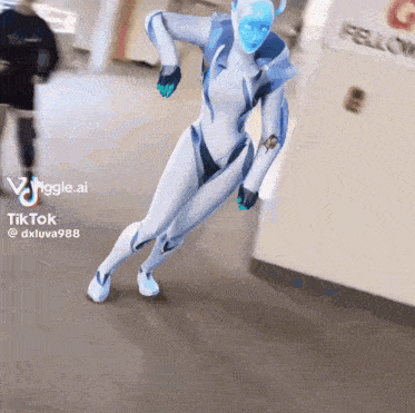 a robot with a blue face is walking down a hallway