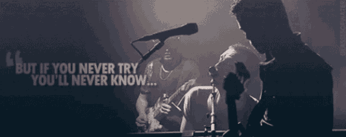 a man playing a guitar and singing into a microphone with the words " but if you never try you 'll never know "