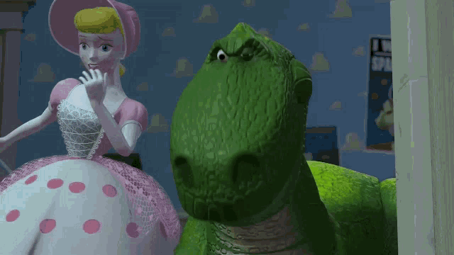 a toy story scene with a green dinosaur and a pink and white doll