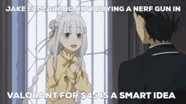 a man and a girl are talking about buying a nerf gun in valorant for 45 dollars