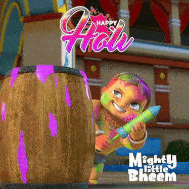 a mighty little bheem poster with a boy holding a rocket in front of a barrel