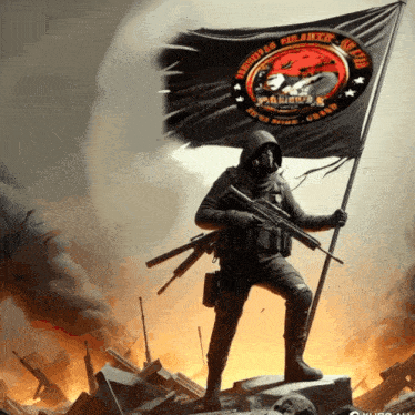 a man in a gas mask holds a rifle and a flag that says u.s. air force