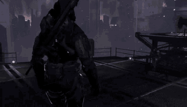 a video game scene with two soldiers running on a platform
