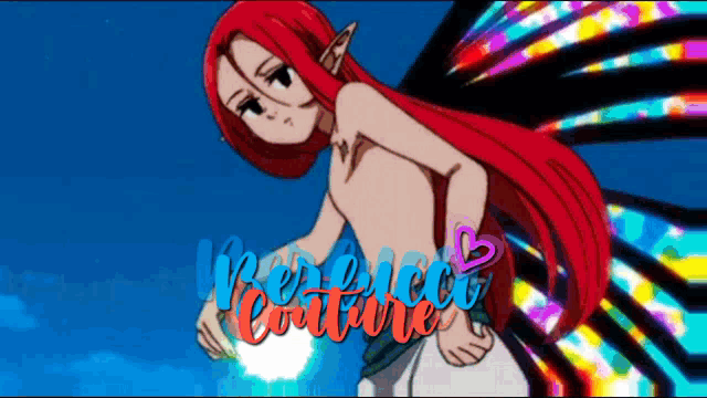 a shirtless anime character with long red hair and wings is standing in front of a blue sky .