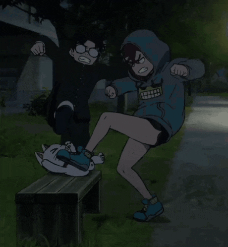 a cartoon of a girl kicking another girl in the knee