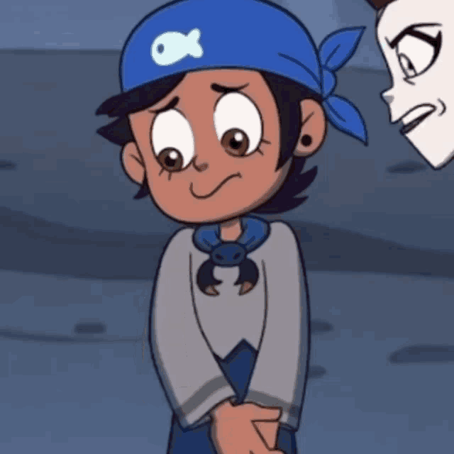 a cartoon character is wearing a blue hat with a fish on it .