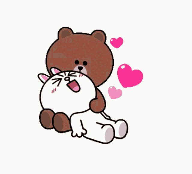 a brown teddy bear and a white rabbit are hugging
