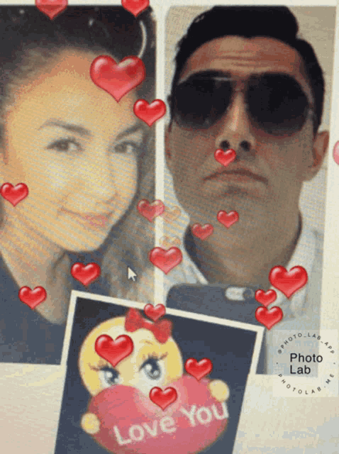 a picture of a man and a woman with hearts around them and a picture of a smiley face that says love you