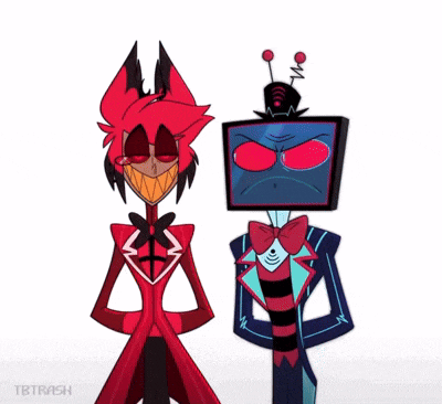 two cartoon characters are standing next to each other and one has a tv on his head .