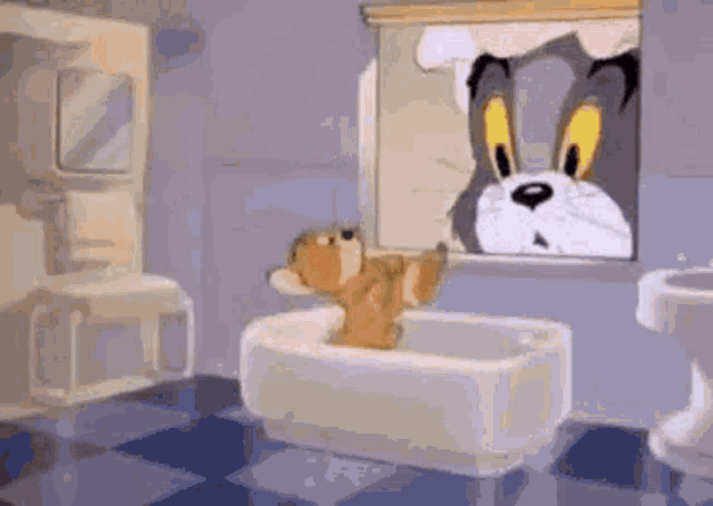 a cartoon character is taking a bath in a bathroom .