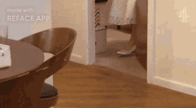 a woman walking into a room with the words made with reface app above her