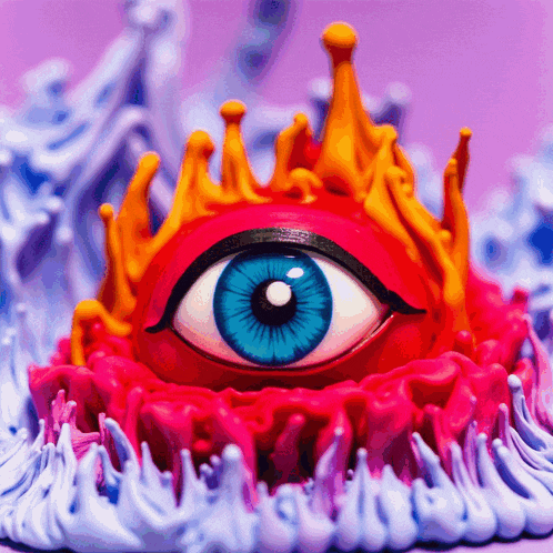 a colorful sculpture of an eye with a crown on top of it