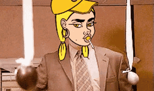 a cartoon drawing of a man in a suit and tie holding a lollipop