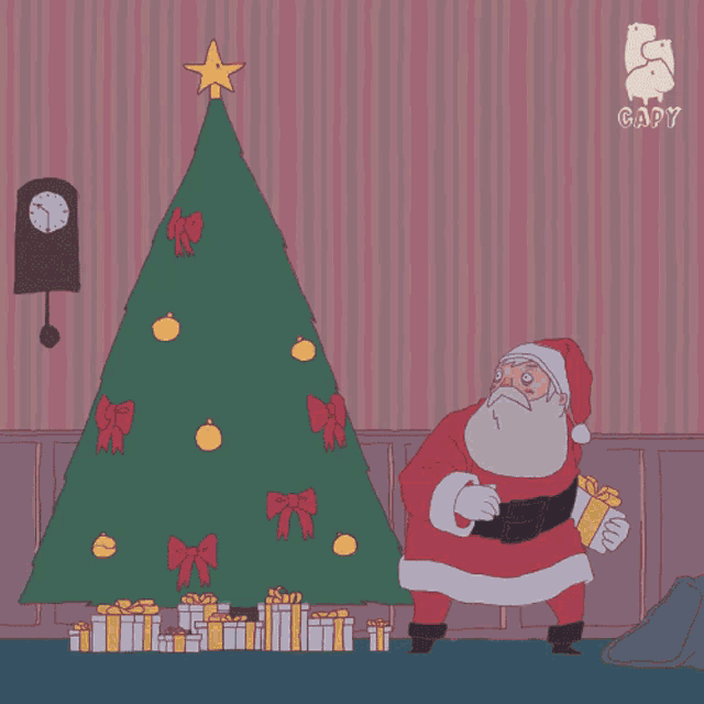 a cartoon drawing of santa standing in front of a christmas tree