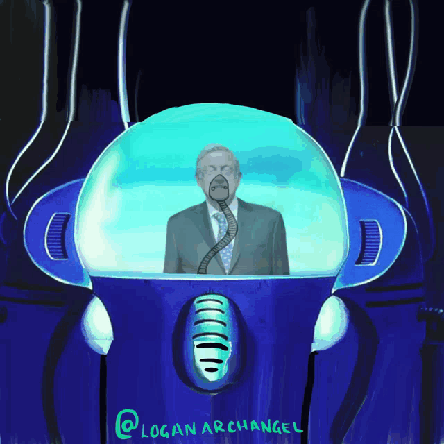 a painting of a man in a suit and tie with an oxygen mask and the name logan archangel