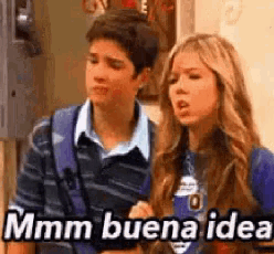 a boy and a girl are standing next to each other and the girl is saying hmm buena idea .