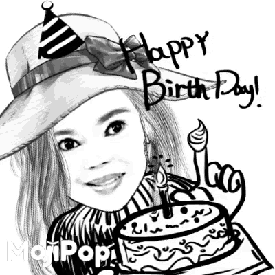 a black and white drawing of a girl holding a cake with the words happy birth day