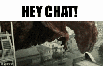 a giant monster is flying over a city with the words `` hey chat '' written on it .