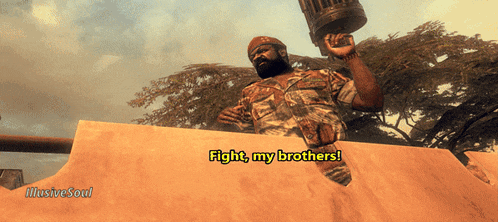 a man in a military uniform is holding a cannon and says " fight my brothers "