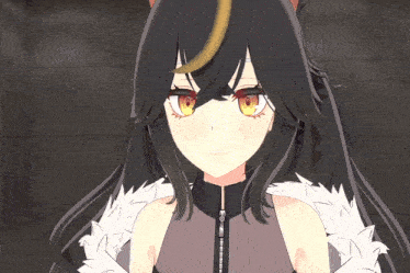 a close up of a girl 's face with yellow eyes