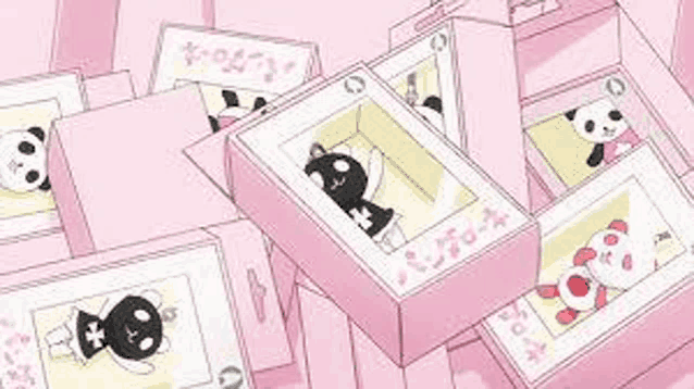 a bunch of pink boxes with pandas in them