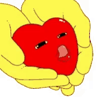a pair of hands holding a red heart with a face