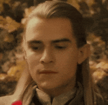 a close up of a man with long blonde hair
