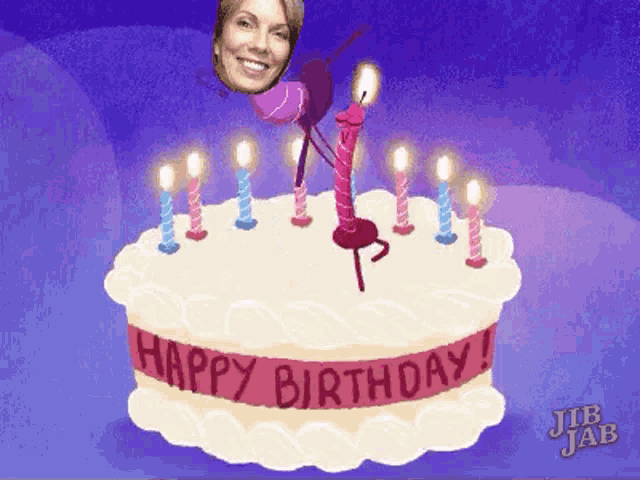 a happy birthday cake with candles and a ladybug on top