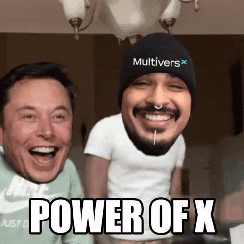 elon musk and a man with a beanie that says multivers x on it
