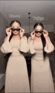 two women wearing sunglasses are standing next to each other with kumsal and tugce written above them