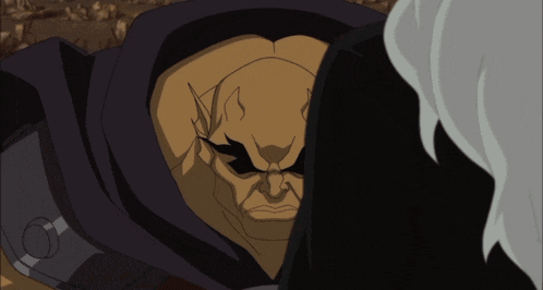 a cartoon character with a hood on his head looks at another person