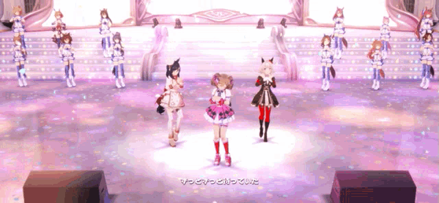 a group of anime characters are standing on a stage with chinese writing on the bottom right corner