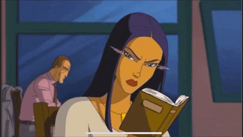 a cartoon of a woman reading a book while a man sits in the background