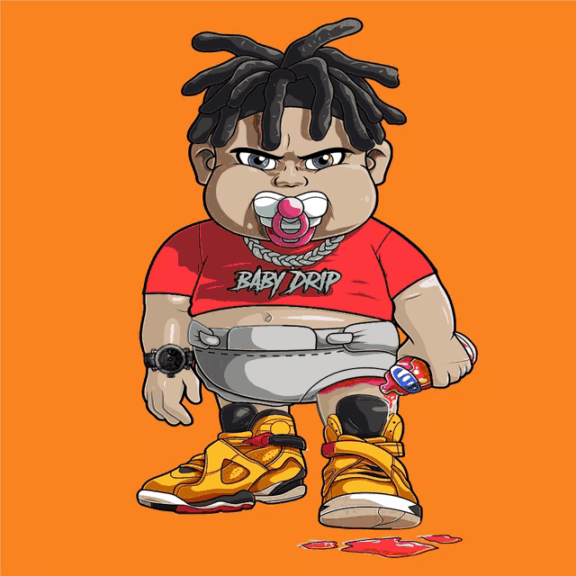 a cartoon drawing of a baby with a pacifier and a baby drip shirt